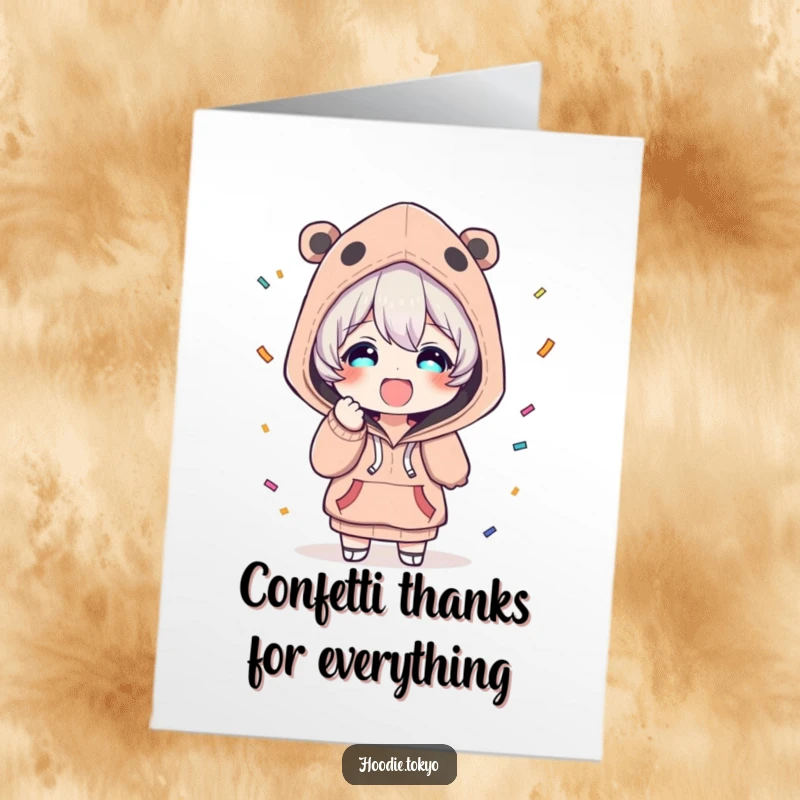 Funny Free Printable Thank You Card: a character in a unique hoodie joyfully scatters confetti.