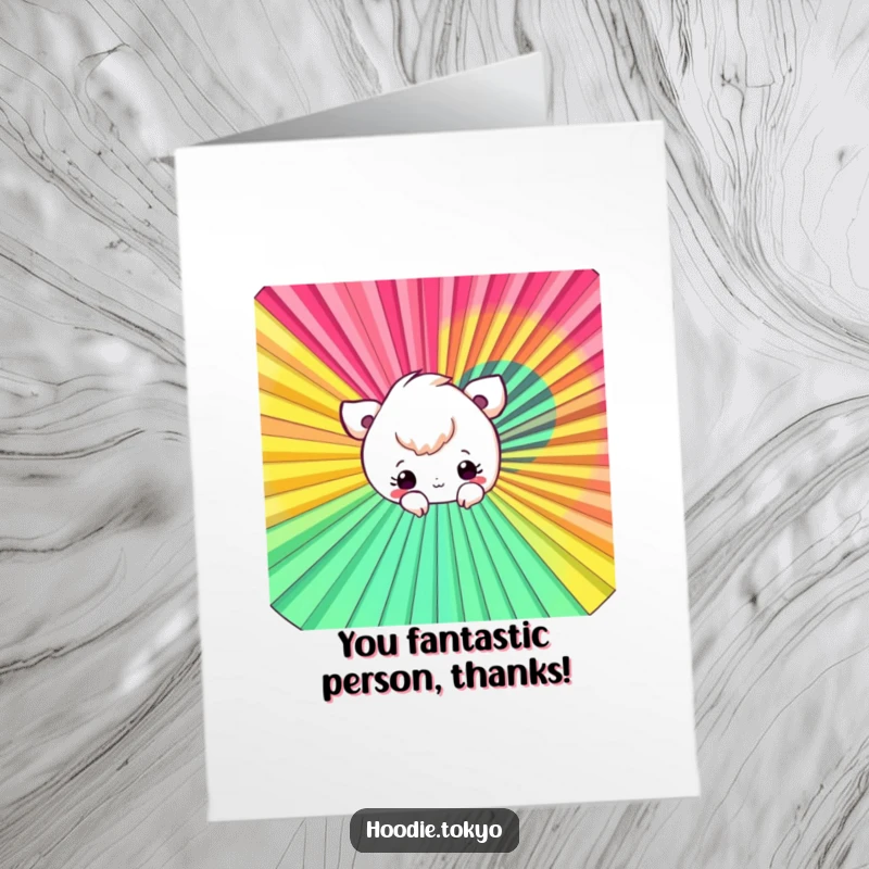 Funny Free Printable Thank You Card: A character peeks playfully from behind a big, colorful fan.