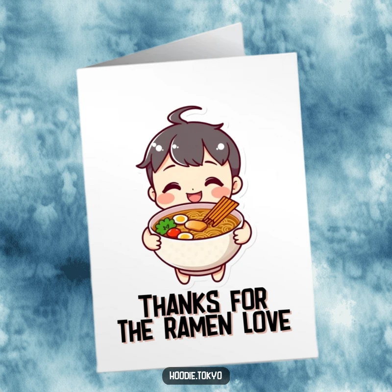 Funny Free Printable Thank You Card: A cheerful character smiling warmly while offering a delicious bowl of ramen, a gesture of thanks.