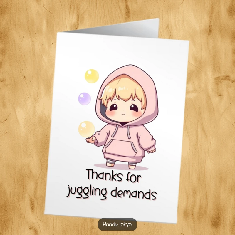 Funny Free Printable Thank You Card: a character in an oversized hoodie juggles glowing orbs with playful skill.