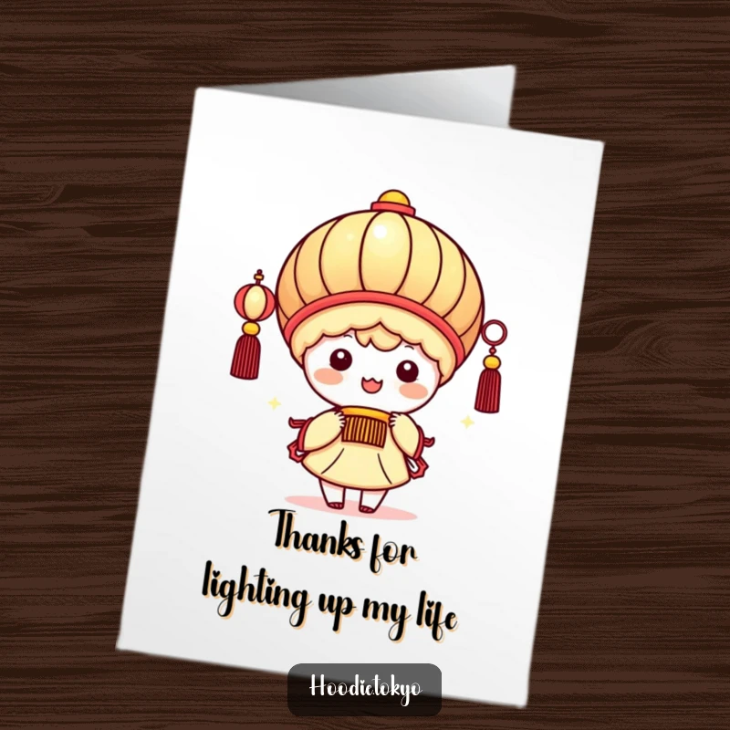 Funny Free Printable Thank You Card: Cute kawaii character holding a bright, festive lantern, conveying warm and sincere thanks.