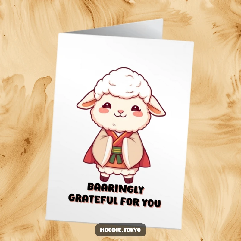 Funny Free Printable Thank You Card: A sheep in a stylish kimono bows politely, offering thanks with a cheerful expression.