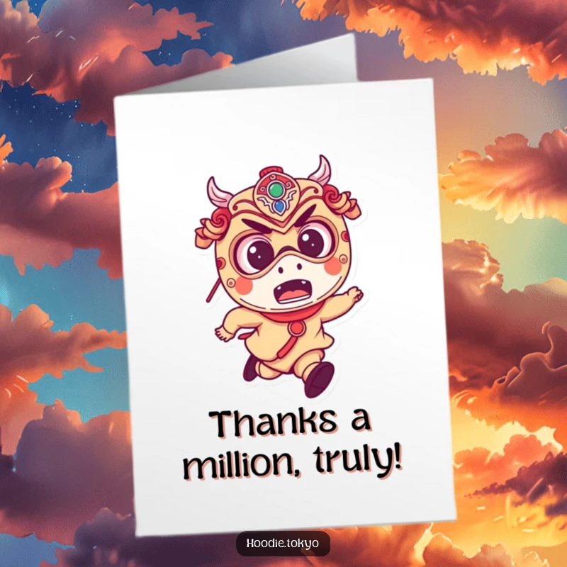 Funny Free Printable Thank You Card: Small, mischievous character with excited eyes, wearing a Japanese festival mask, running to express thanks.
