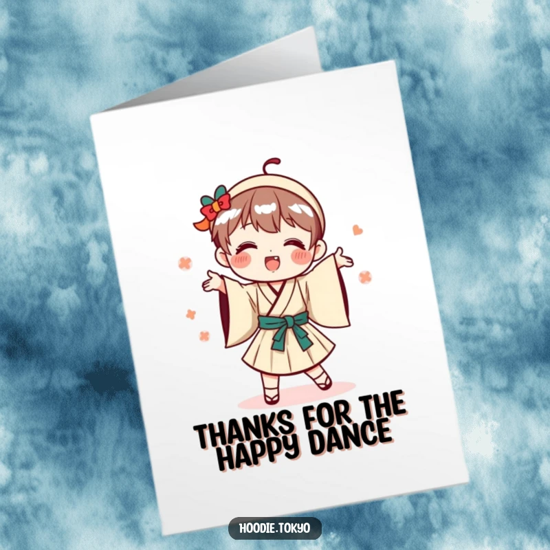 Funny Free Printable Thank You Card: A playful character in a Japanese outfit doing a comical dance, expressing thanks with flair.