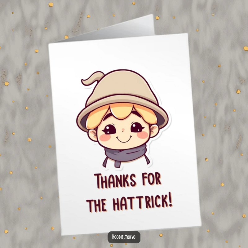 Funny free printable thank you card featuring a character with a silly grin and a tilted oversized hat, expressing thanks with humor.