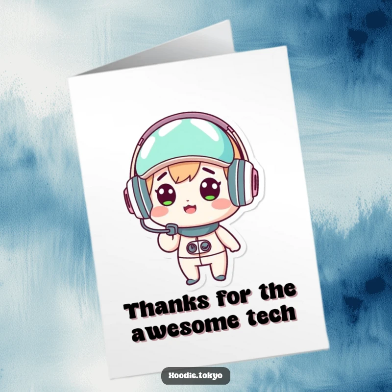 Funny Free Printable Thank You Card: A kawaii character in a futuristic headset, looking amazed, expressing thanks.