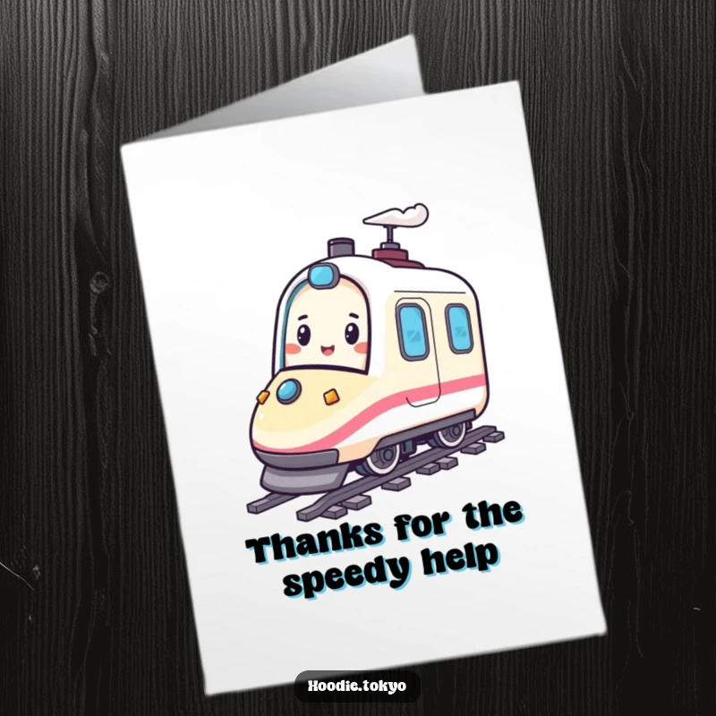 Funny Free Printable Thank You Card: A happy character rides a miniature bullet train, expressing thanks with speed and joy.