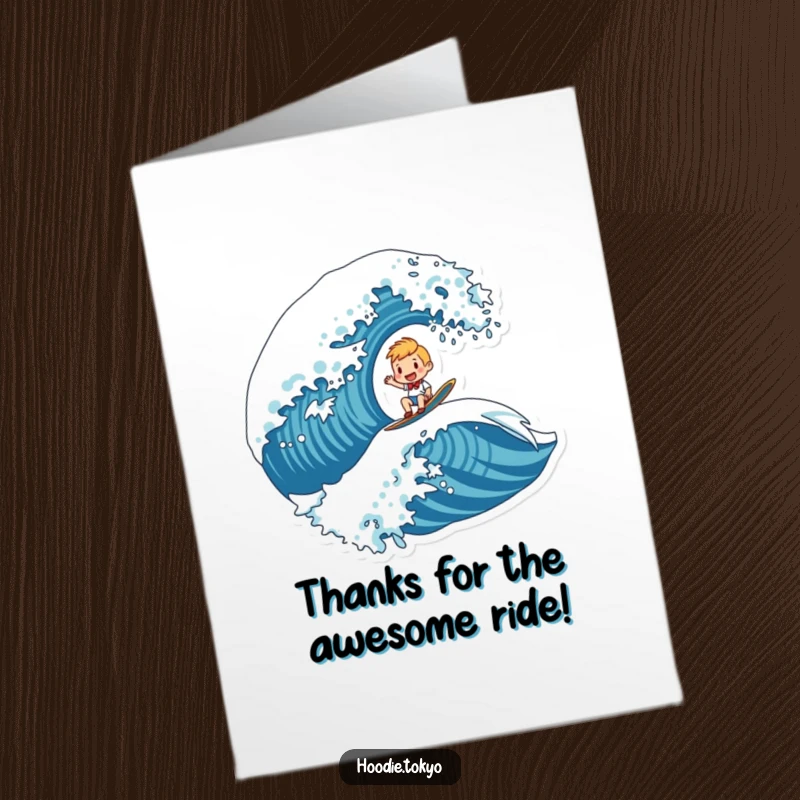 Funny Free Printable Thank You Card: A character happily riding a large, stylized wave, conveying gratitude.