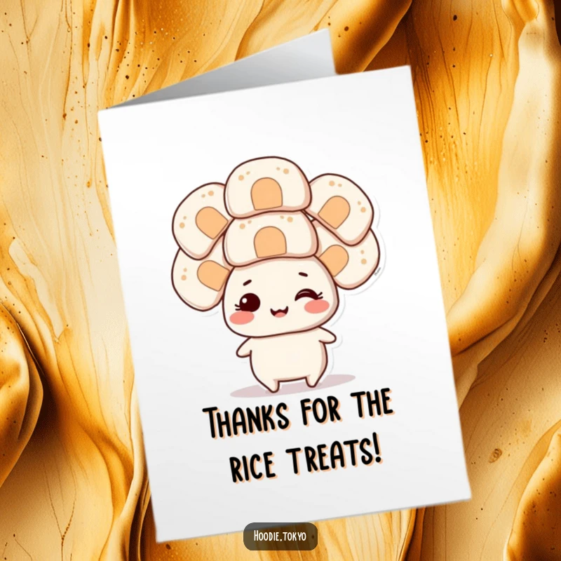 Funny Free Printable Thank You Card: Character humorously balancing a tower of enormous onigiri on its head.
