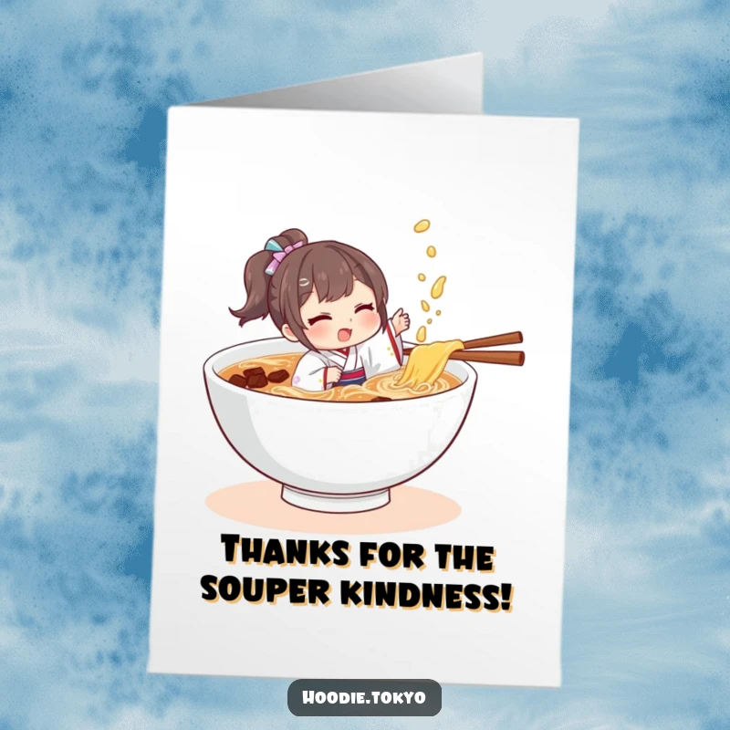Funny Free Printable Thank You Card: A character in a little kimono joyfully splashing around in a ramen bowl.