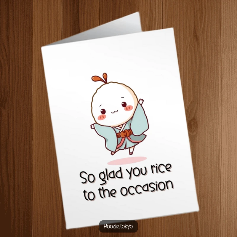 Funny Free Printable Thank You Card: A tiny, smiling rice ball in a kimono performs a comical hop, expressing gratitude.