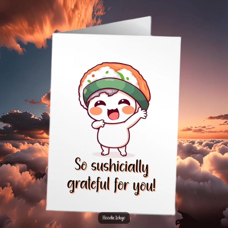 Funny Free Printable Thank You Card: Kawaii character in a humorous sushi hat, striking a grateful yet dynamic pose.