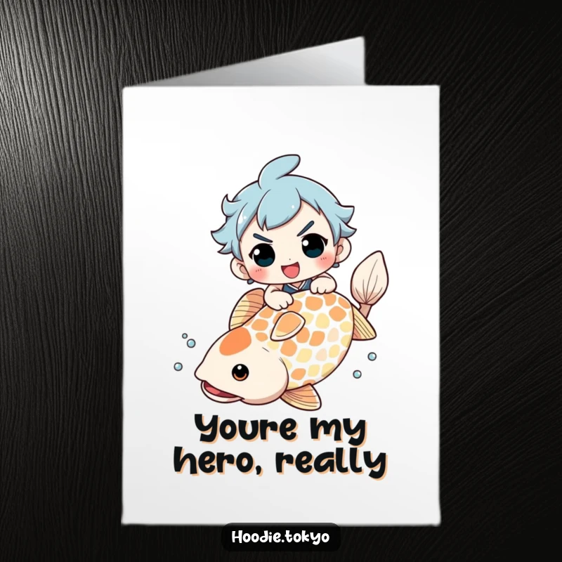 Funny Free Printable Thank You Card: Character determinedly balances on a giant koi fish, expressing thanks with a grin.