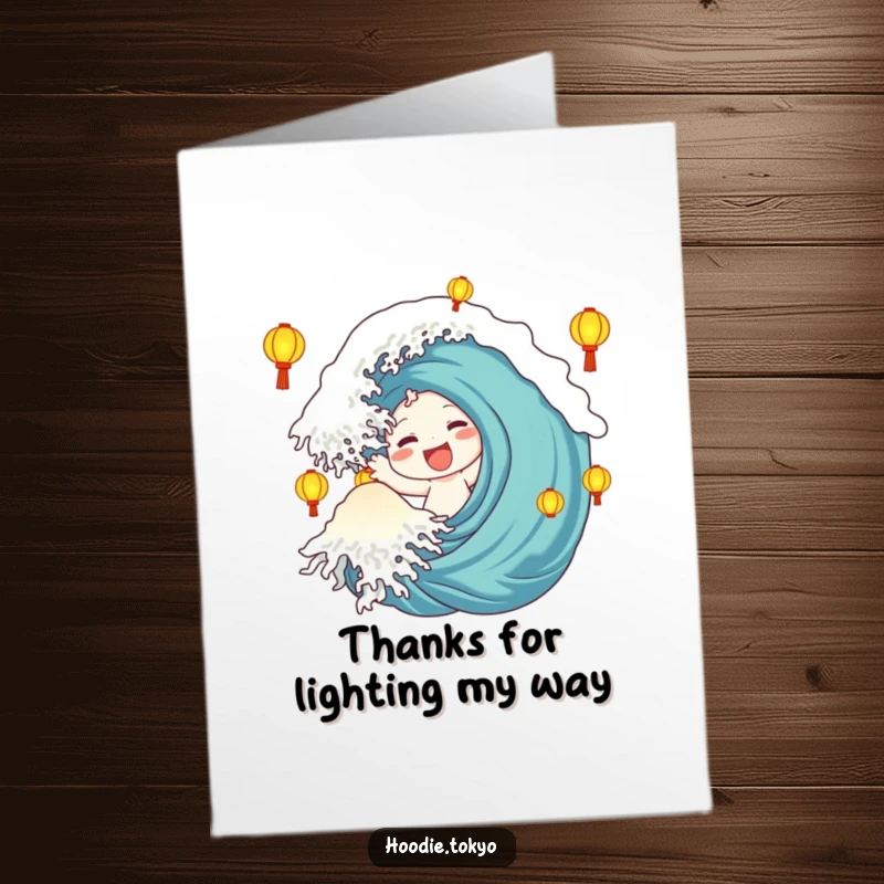 Funny Free Printable Thank You Card: Character waves happily, surrounded by the warm glow of many lanterns, saying thanks.