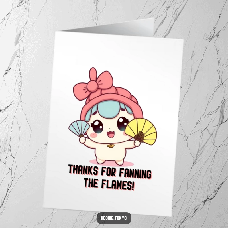 Funny Free Printable Thank You Card: Kawaii character with big eyes, fanning enthusiastically to express cool and breezy gratitude.