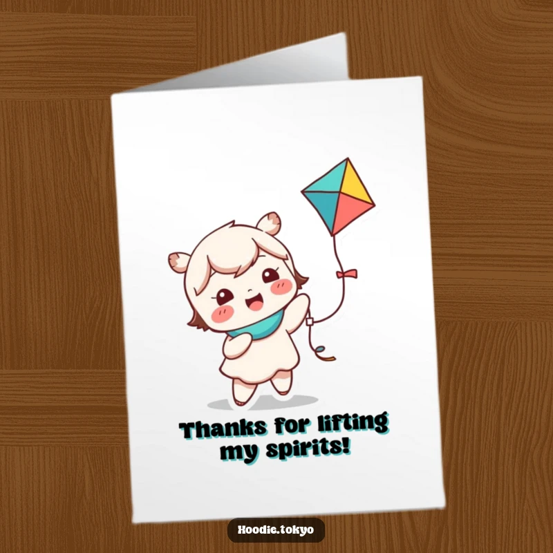 Funny Free Printable Thank You Card: Cute kawaii character giggling while holding a colorful kite, a playful way to say thank you.
