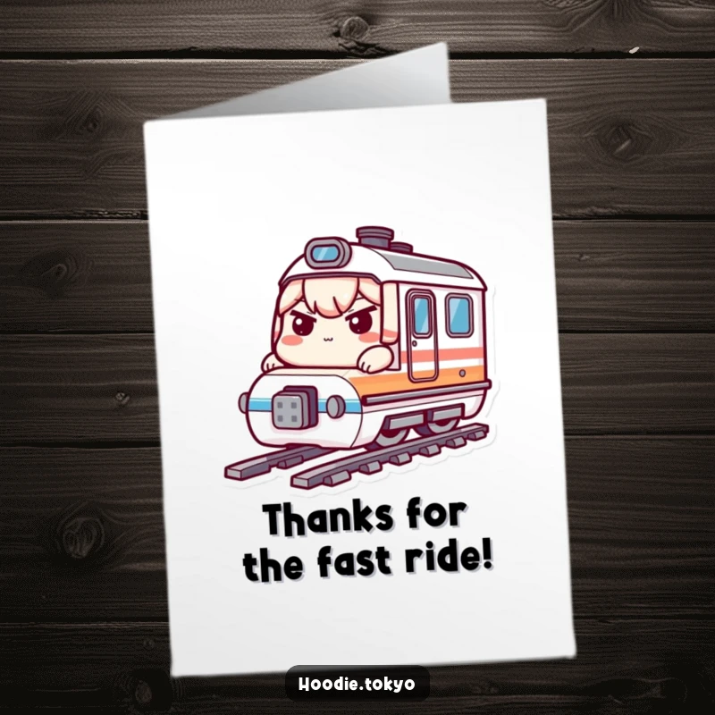 Funny Free Printable Thank You Card: Kawaii character speeds ahead on a mini bullet train, expressing gratitude.