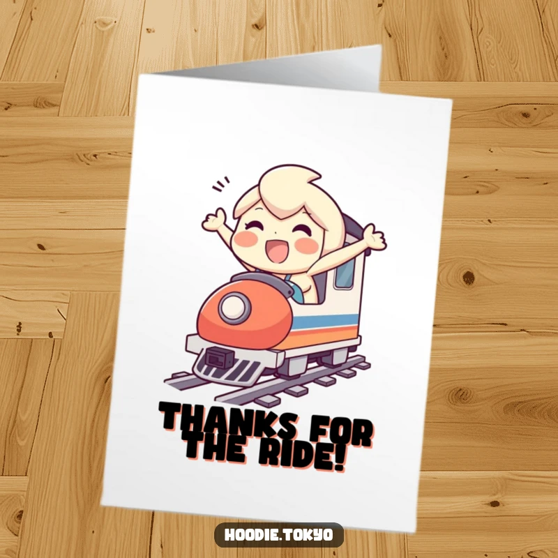 Funny Free Printable Thank You Card: Character zipping along on a miniature bullet train, conveying thanks with energetic speed.