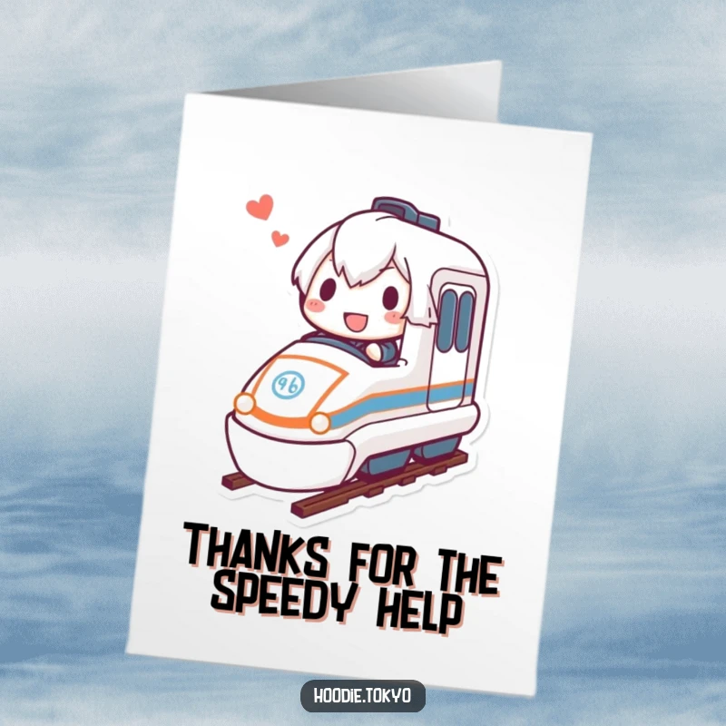 Funny free printable thank you card: character full of joy riding a tiny bullet train.