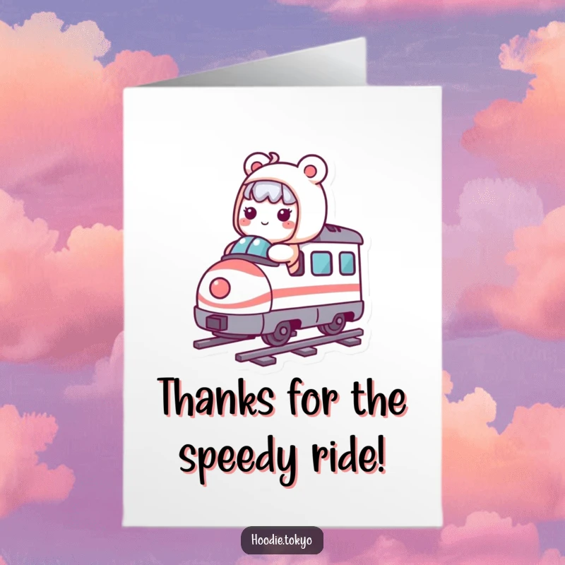 Funny Free Printable Thank You Card: Kawaii character on a whimsical bullet train, delivering thanks with a cheerful ride.
