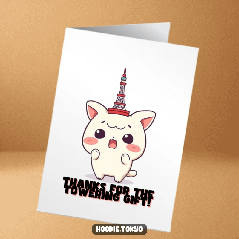 Funny Free Printable Thank You Card: Surprised Character with Tiny Tokyo Tower on Head, Expressing Thanks