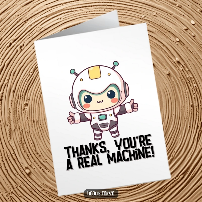 Funny Free Printable Thank You Card: Kawaii character in a tiny robot costume, with arms outstretched in a thankful robotic pose.