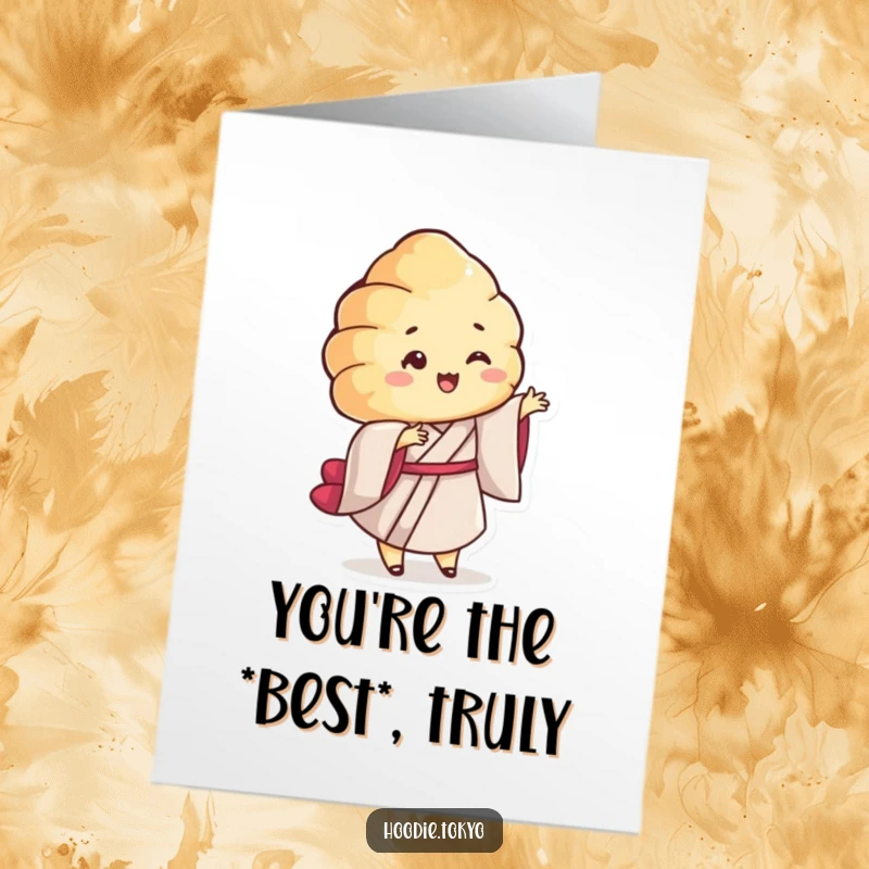 Funny Free Printable Thank You Card: A smiling croissant in a kimono does a playful twirl, showing cheerful appreciation.