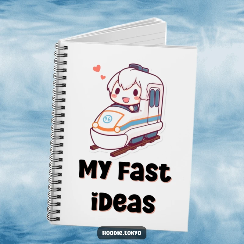 Funny bullet train notebook featuring a determined character joyfully riding a miniature bullet train, ideal for jotting notes.