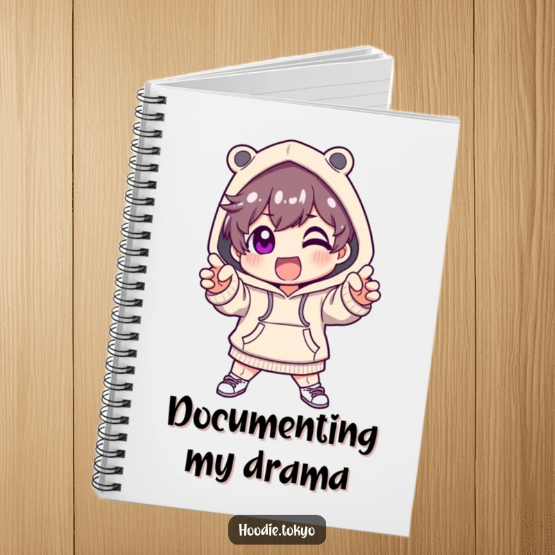 Funny notebook with a cute character in a fashionable hoodie, striking a dramatic and excited pose.