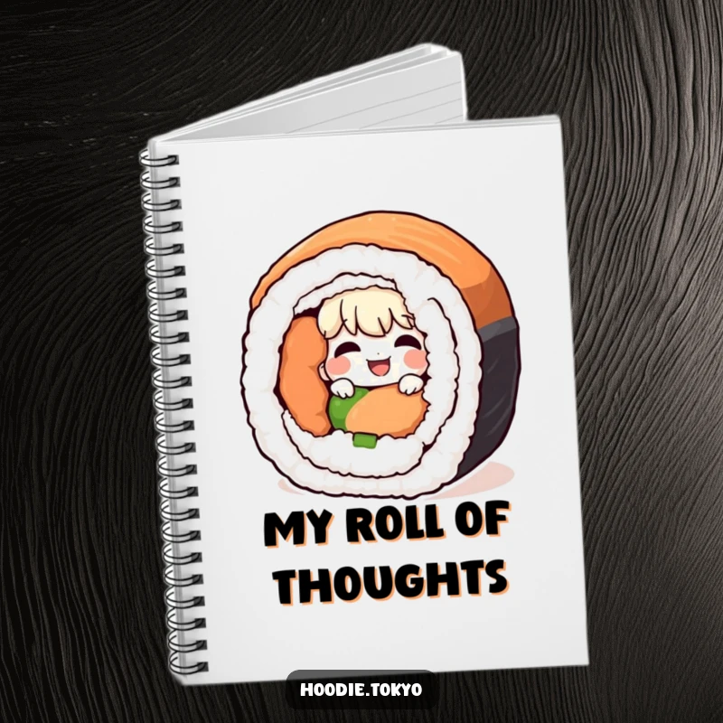Funny giggling character peeking from behind a giant sushi roll, a playful and humorous notebook.