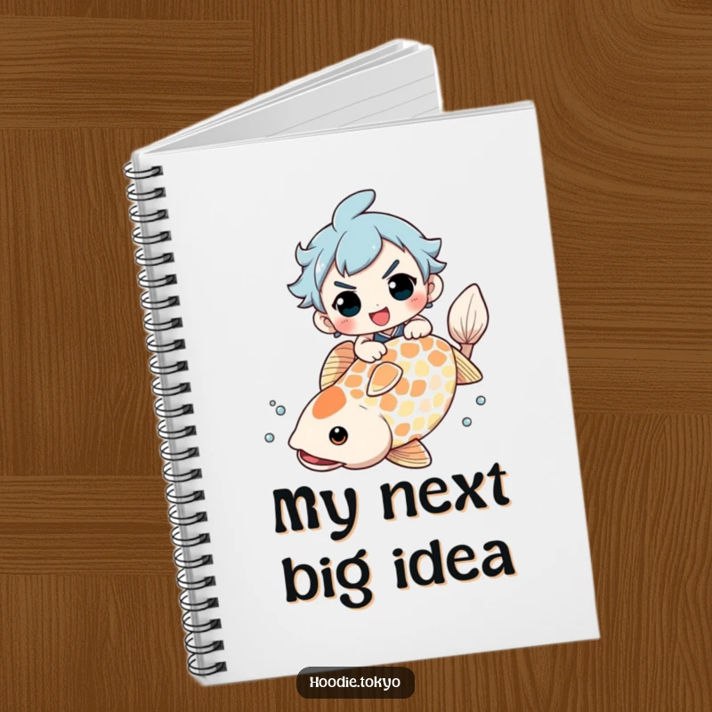 Funny Notebook: Character with a determined grin riding a giant koi fish, ideal for jotting down funny thoughts and plans.