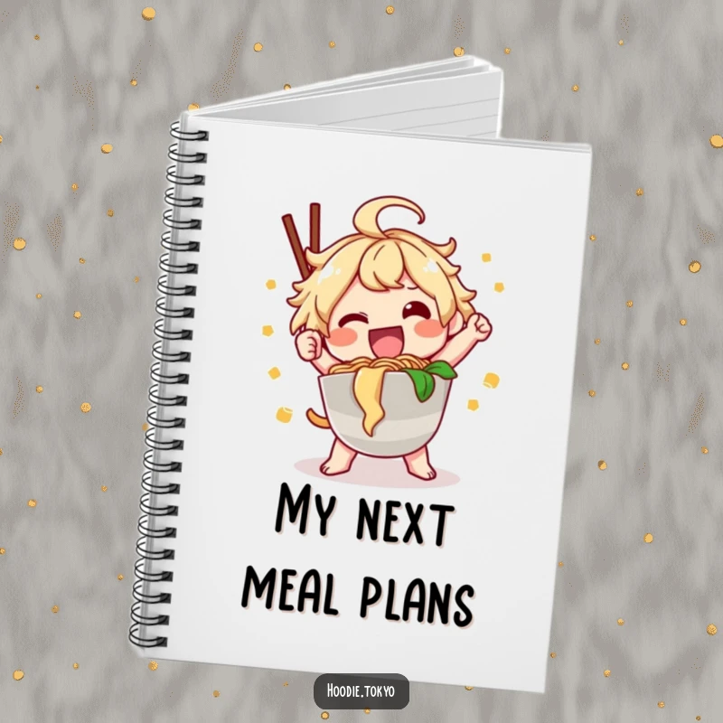 Funny ramen kawaii notebook with a happy character posing with noodles, great funny gift.