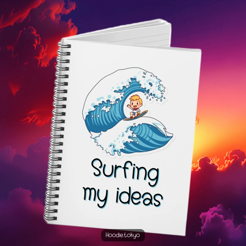Funny notebook cover with a character joyfully surfing a massive, stylized wave, encouraging adventurous thoughts and notes.