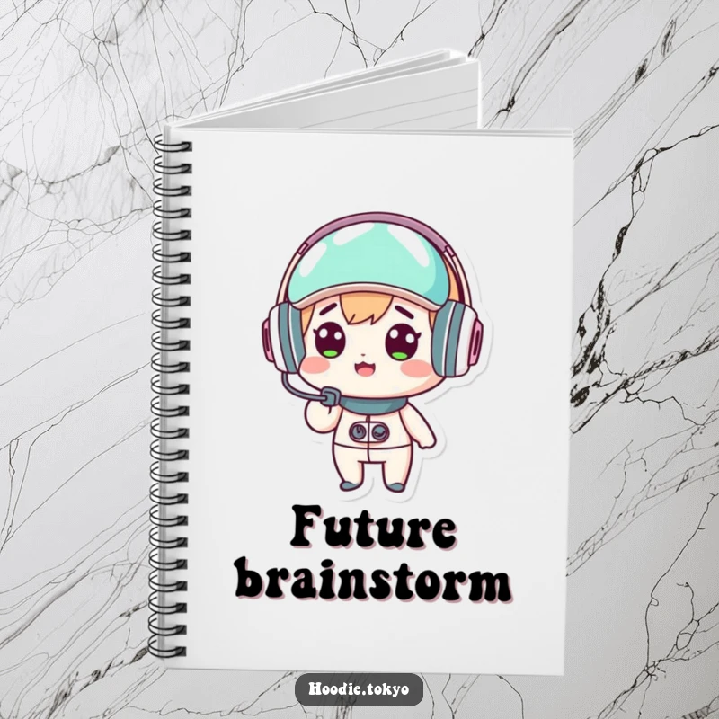 Funny kawaii character notebook, surprised expression, wearing a futuristic headset, cute journal for notes, humorous stationery.
