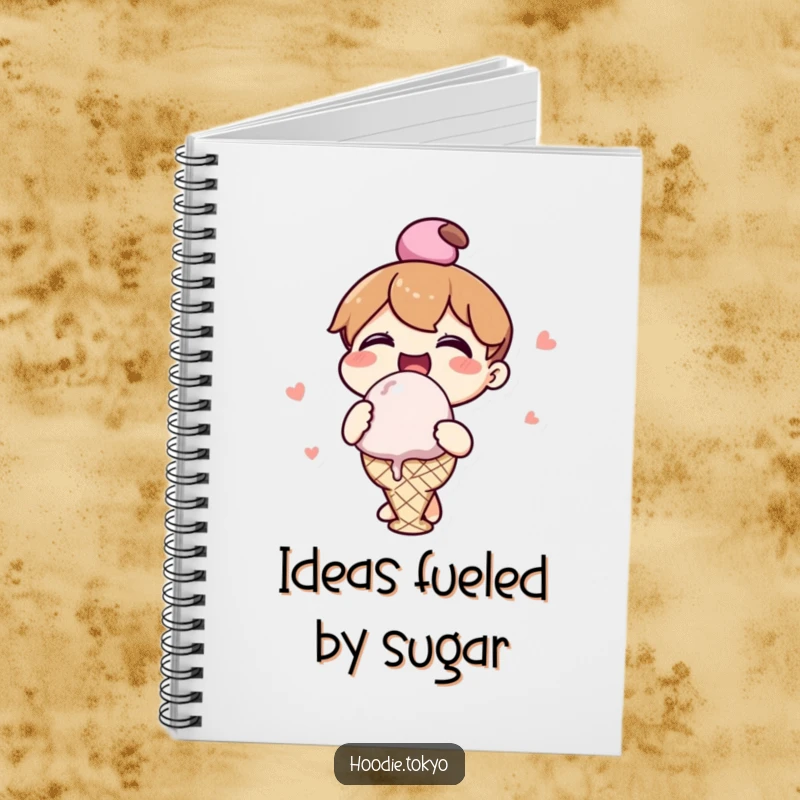 Funny kawaii character notebook with a cheerful character enjoying a huge ice cream scoop, ideal for note-taking.