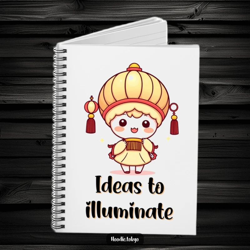 Funny kawaii character holding a giant festive lantern, beaming brightly, cute notebook for writing, journaling, and creative ideas.