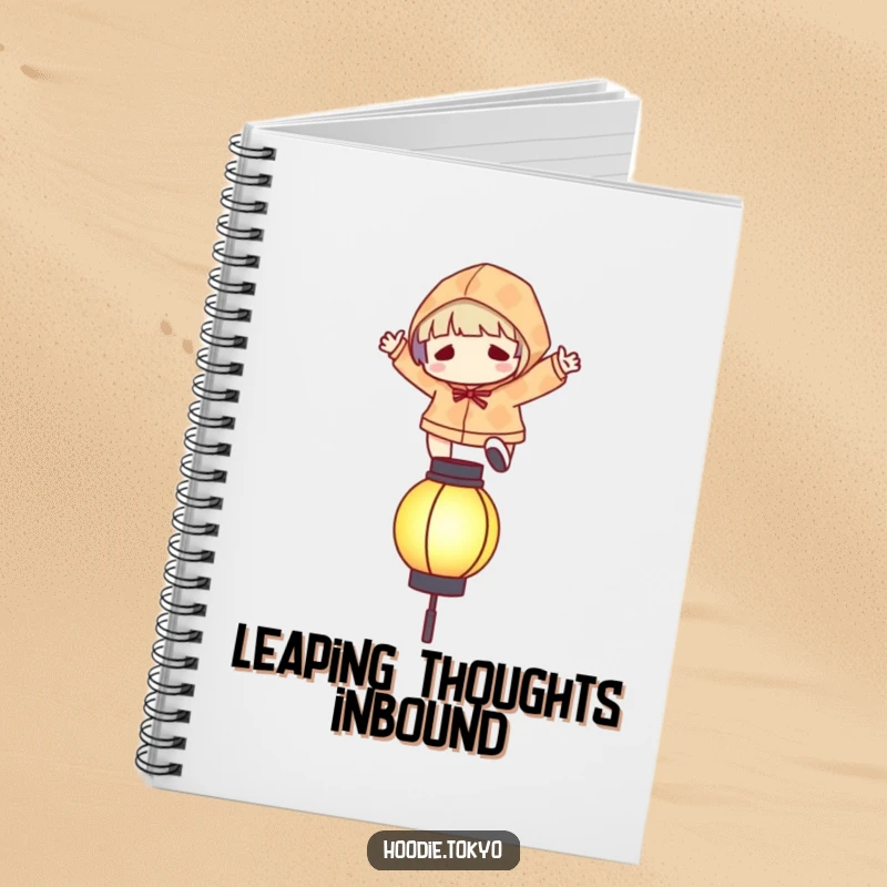 Funny notebook with a character in a patterned hoodie leaping over a stylized, glowing lantern.