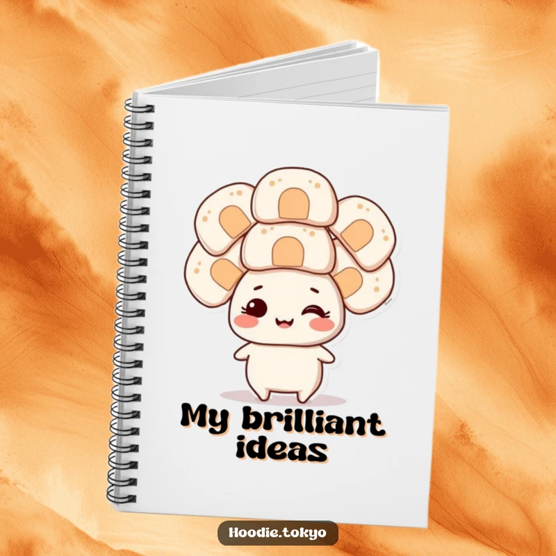 Funny smiling character balancing several oversized onigiri on its head, a humorous notebook for capturing ideas.