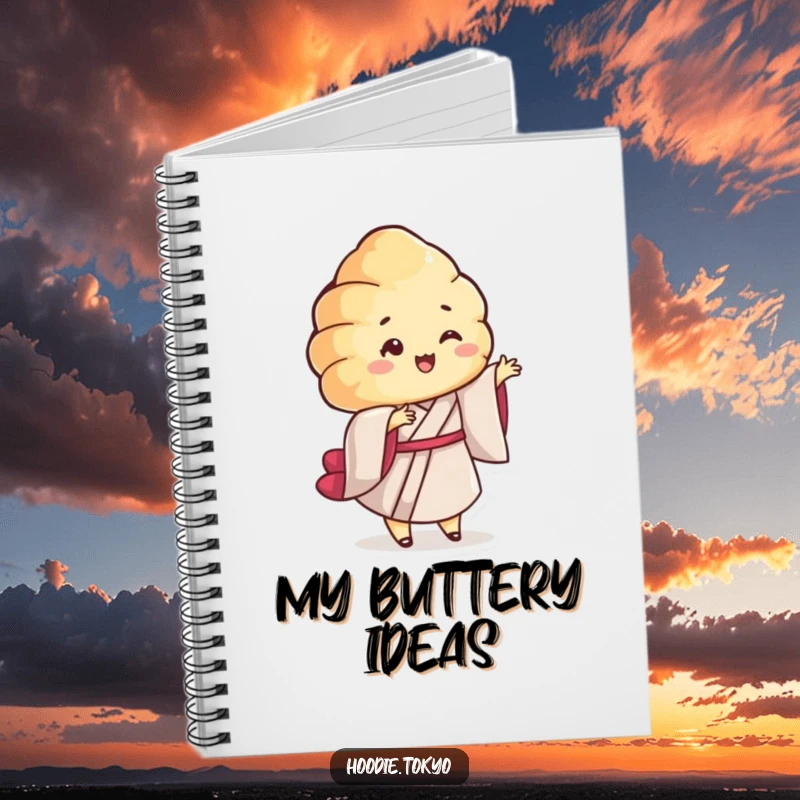 Funny Croissant Kimono Notebook: A lined notebook featuring a smiling croissant character in a kimono twirling playfully, ideal for notes and sketches.