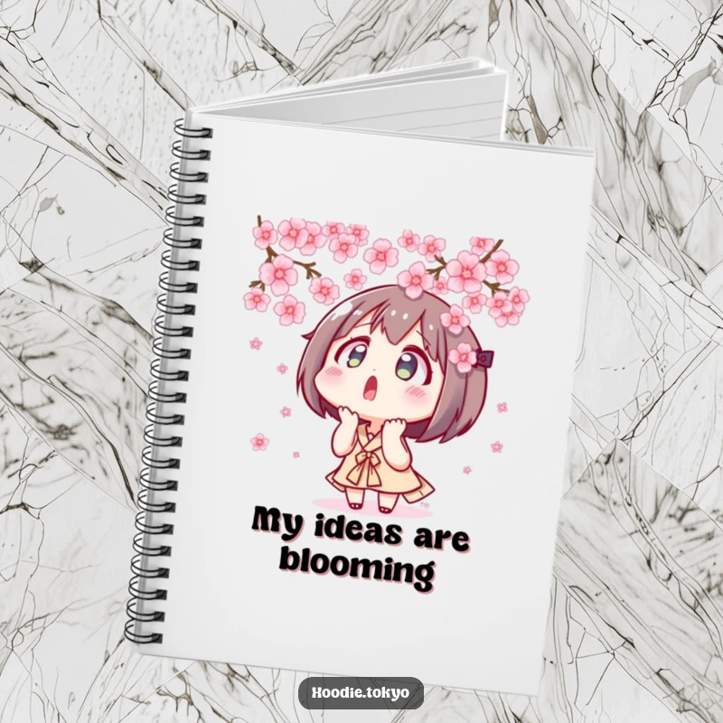 Funny surprised Tokyo character looking up at floating cherry blossoms, anime notebook for writing and sketching.