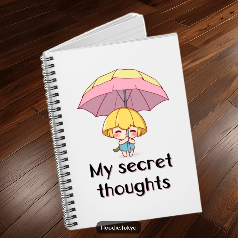 Funny notebook cover with a character playfully hiding behind a large, cartoonish umbrella, encouraging whimsical notes.