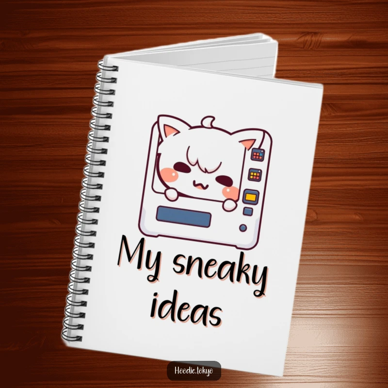 Funny Kawaii character with a mischievous grin peeking from a vending machine on a notebook cover, inspiring sneaky and humorous thoughts.