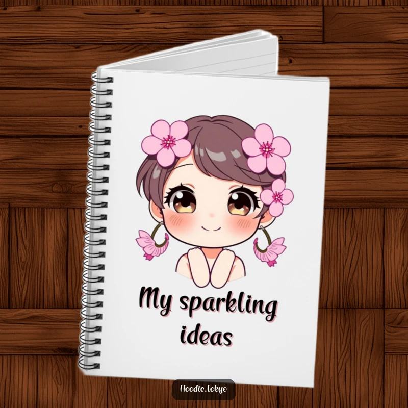Funny character with oversized cherry blossom earrings, eyes sparkling, a playful and humorous notebook.