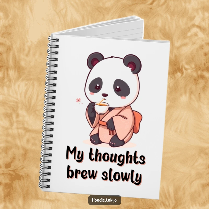 Funny notebook with a round panda dressed in a kimono, sipping tea, inspiring creative and humorous writing.