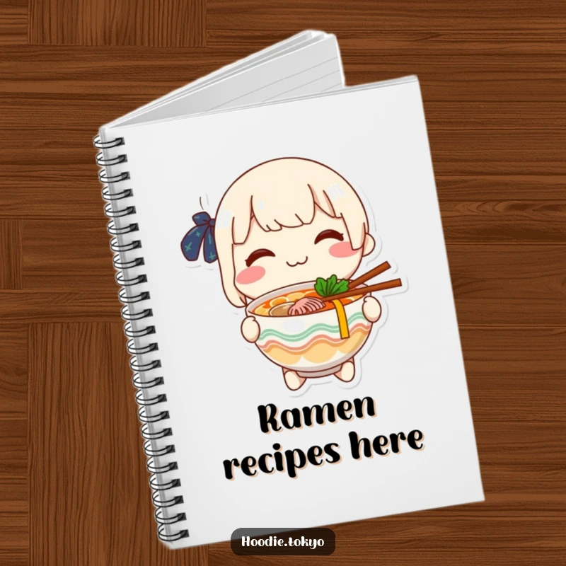 Funny cheerful character offering a bowl of ramen with a smile, notebook for recipes, journaling, and food inspiration.