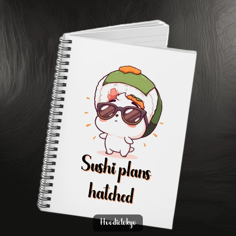 Funny notebook with a character in cool sunglasses, looking up in shock at a giant sushi roll, perfect for jotting down ideas and inspirations.