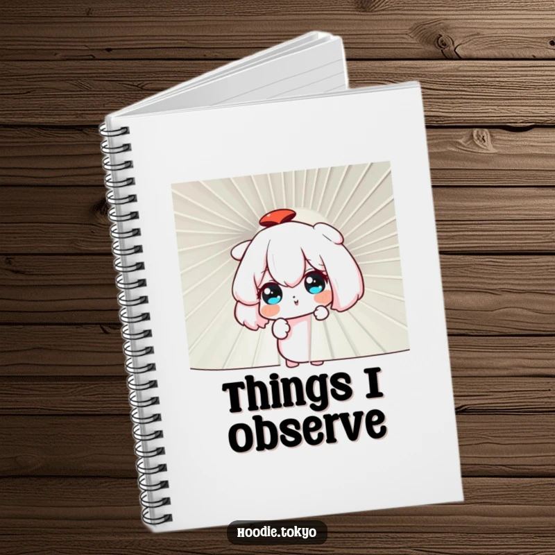 Funny curious character peering through a large fan, notebook for writing, journaling, and secret observations.