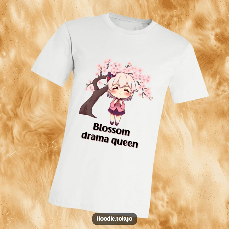 Funny character blushing intensely, posing dramatically before a blooming cherry blossom tree, a humorous and expressive design.