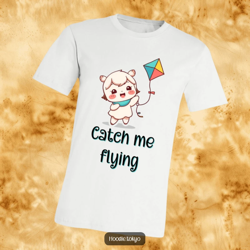 Funny kawaii character t-shirt of a cute character giggling happily while holding a colorful kite, perfect for outdoor fun.