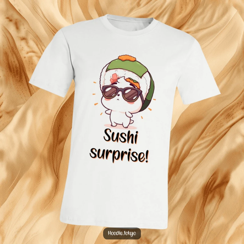 Funny t-shirt showing a character in cool, oversized sunglasses, looking up in shock at a massive sushi roll, a perfect depiction of food epiphany.